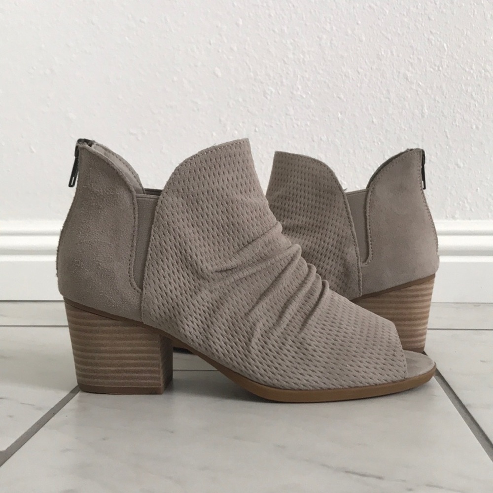 Suede perforated peep-toe booties w ruching